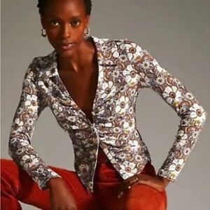 Maeve Retro Boho Floral Long Sleeve Button Front Ruched Top Size XS